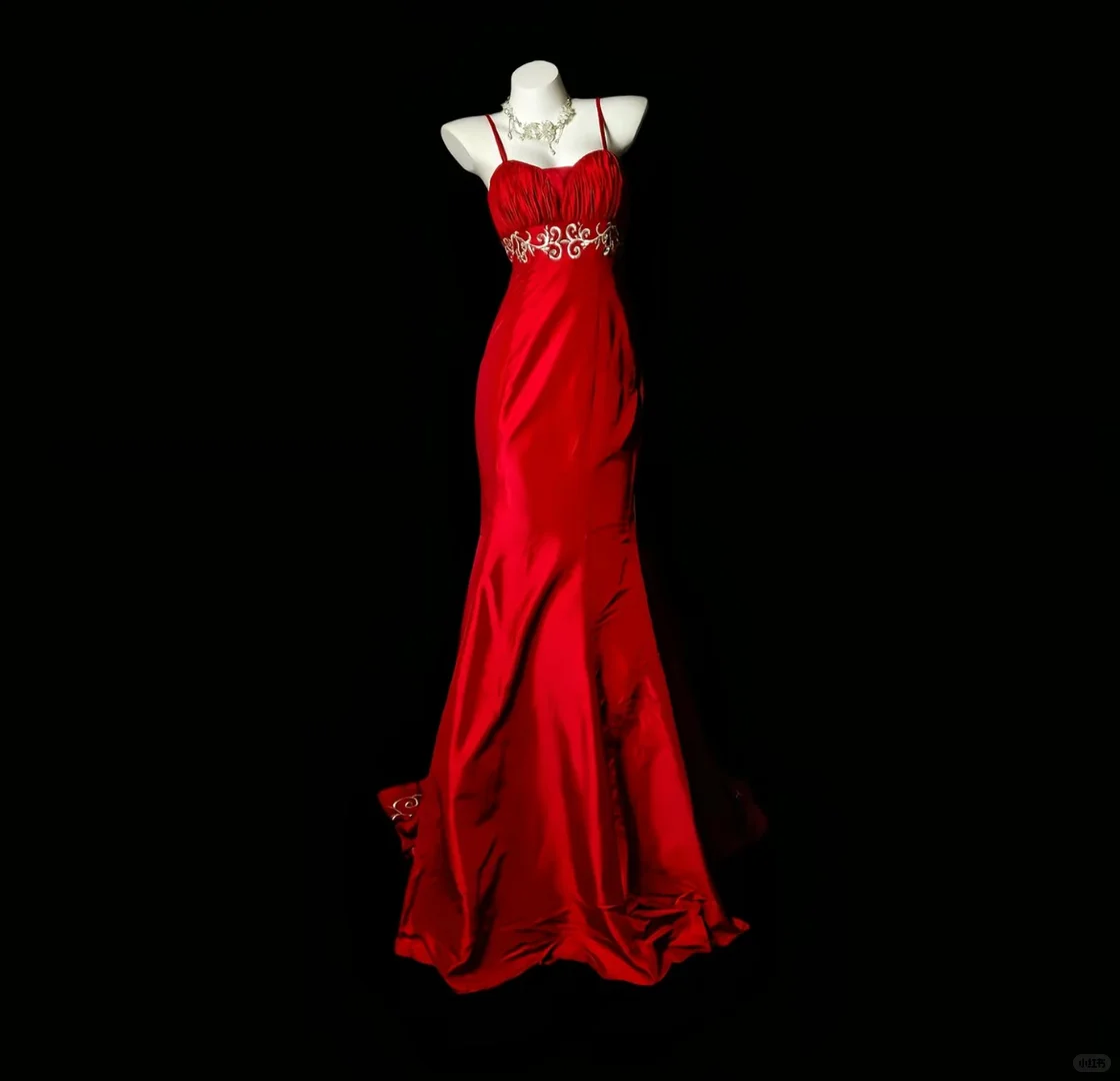 Red Spaghetti Straps Waist-Cinched Fitted Mermaid Evening Dress, Fairy Gown, Romantic Gown gh7364
