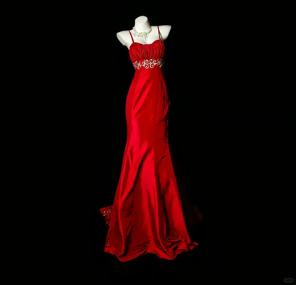 Red Spaghetti Straps Waist-Cinched Fitted Mermaid Evening Dress, Fairy Gown, Romantic Gown gh7364