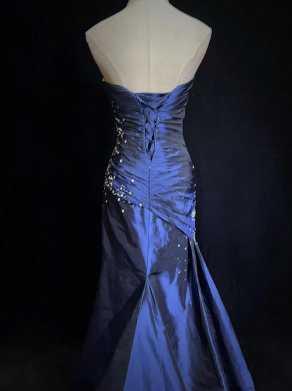 Blue Vintage Fashion Exquisite Beading Long Satin Floor Length Ball Gown Evening Dress gh3636