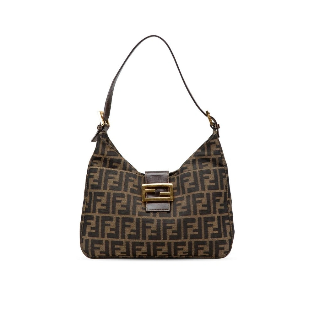 Fendi Zucca Baguette Canvas Leather Shoulder Bag Dark Brown 30cm