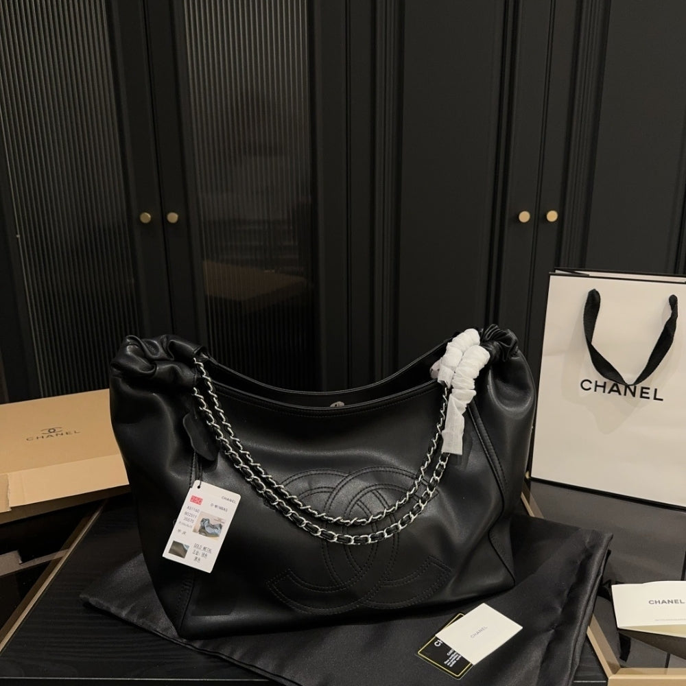 Chanel Large Hobo Bag Black Leather Chain Strap 36Cm