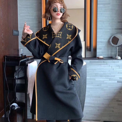 Louis Vuitton Hooded Wrap Coat Monogram Wool In Black