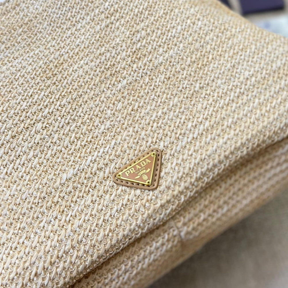 Prada Logo Embossed Raffia Shoulder Bag Beige 33Cm 1BC186VOUO2A2T