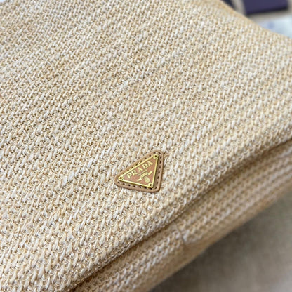 Prada Logo Embossed Raffia Shoulder Bag Beige 33Cm 1BC186VOUO2A2T