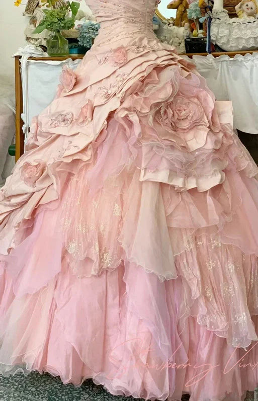 Elegant Pink 3D Flower Sweet 16 Quinceanera A-Line Floor-length Birthday Dress Ball Gown TP4421