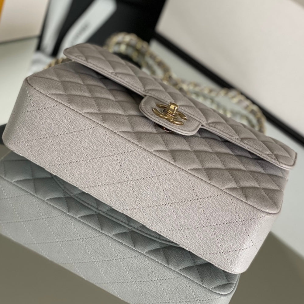 Chanel Classic Handbag Grey With Gold Hardware 26cm  A01112