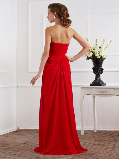 Sheath/Column Strapless Sleeveless Pleats Long Chiffon Dresses
