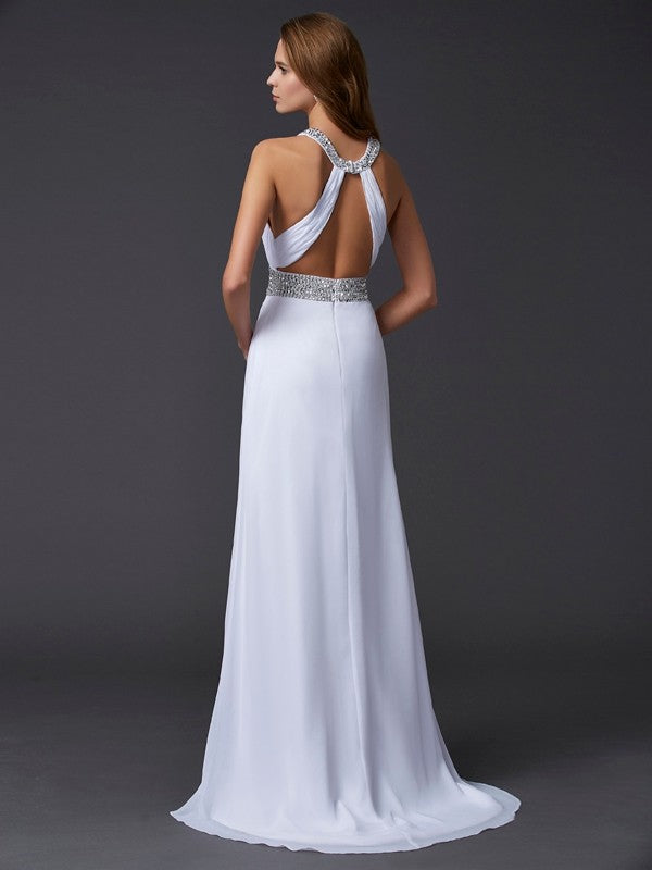 A-Line/Princess Scoop Sleeveless Ruffles Long Chiffon Dresses