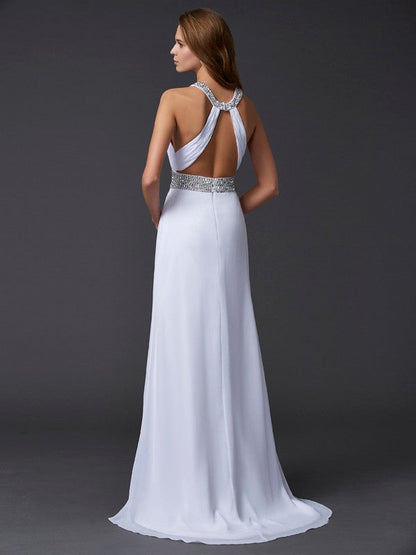 A-Line/Princess Scoop Sleeveless Ruffles Long Chiffon Dresses