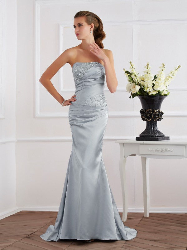 Trumpet/Mermaid Strapless Beading Long Woven Satin Dresses