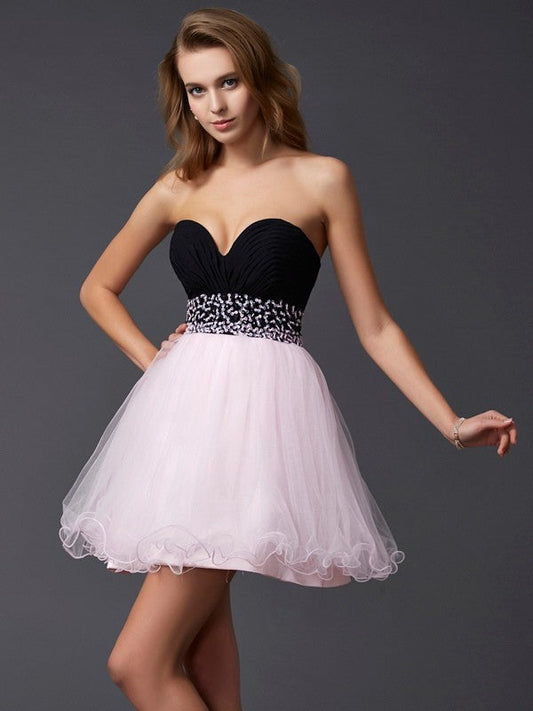 A-Line/Princess Beading Sweetheart Sleeveless Short Woven Satin Homecoming Dresses