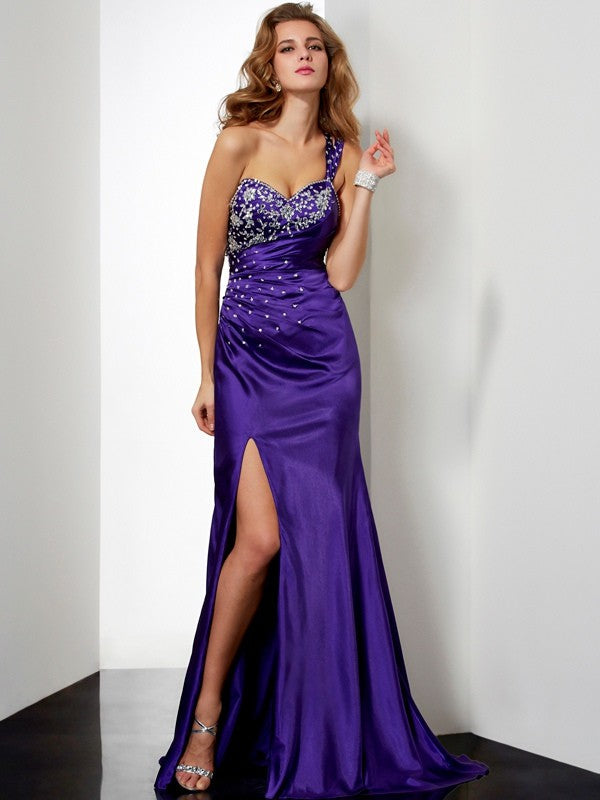 Sheath/Column Beading One-Shoulder Long Silk like Satin Dresses