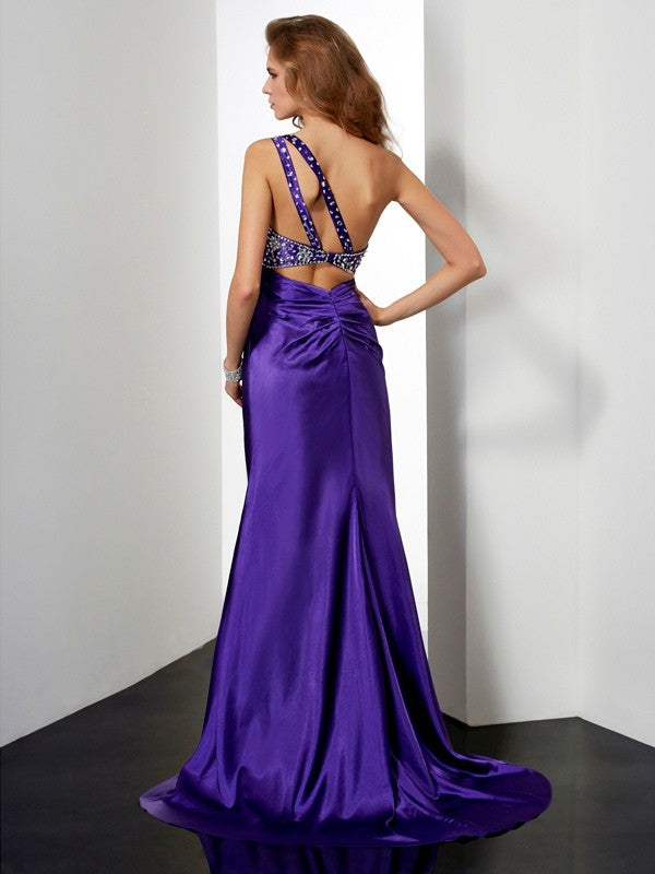 Sheath/Column Beading One-Shoulder Long Silk like Satin Dresses