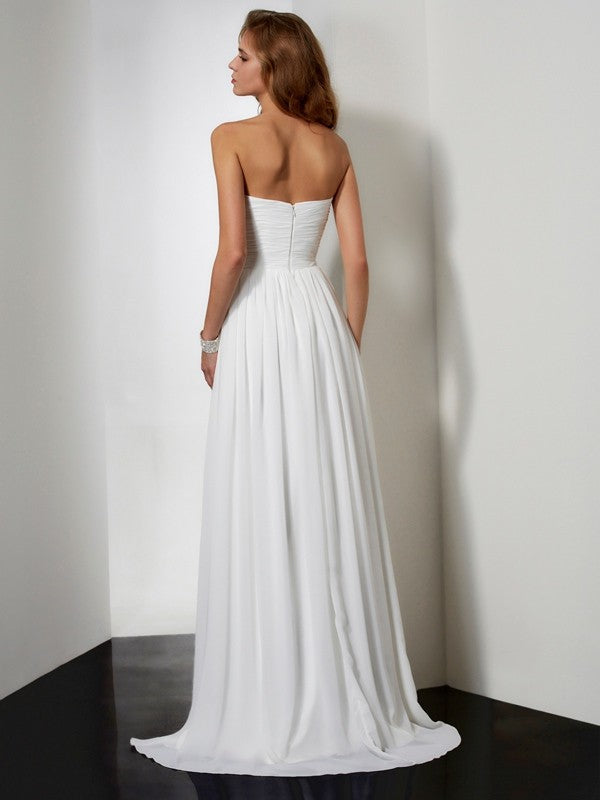 A-Line/Princess Strapless Sleeveless Pleats Ruffles Long Chiffon Dresses