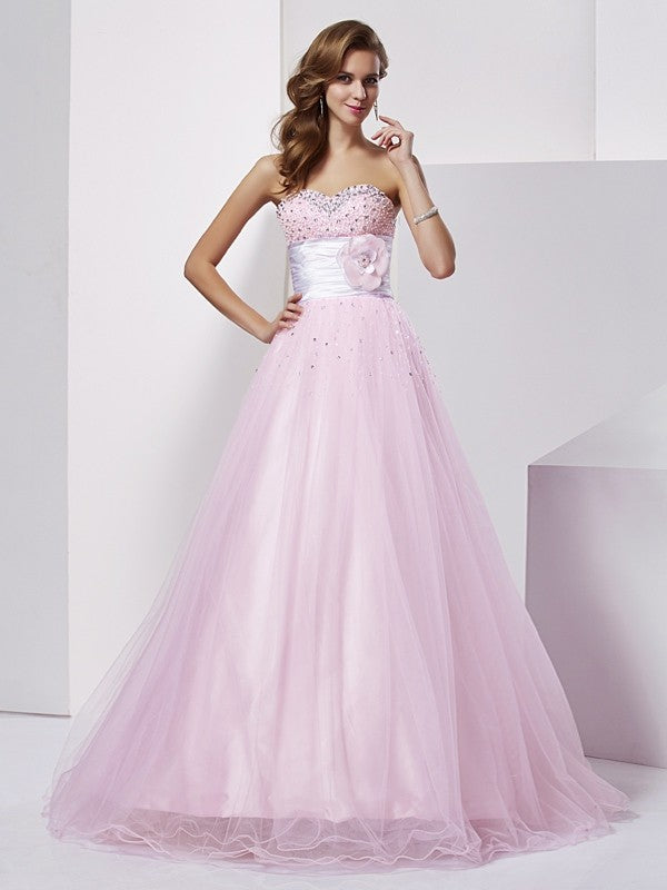 Ball Gown Strapless Sleeveless Beading Long Woven Satin Quinceanera Dresses