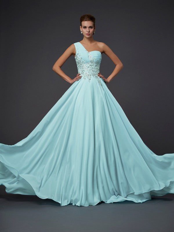 A-Line/Princess One-Shoulder Sleeveless Ruffles Long Chiffon Dresses