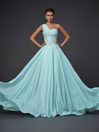 A-Line/Princess One-Shoulder Sleeveless Ruffles Long Chiffon Dresses