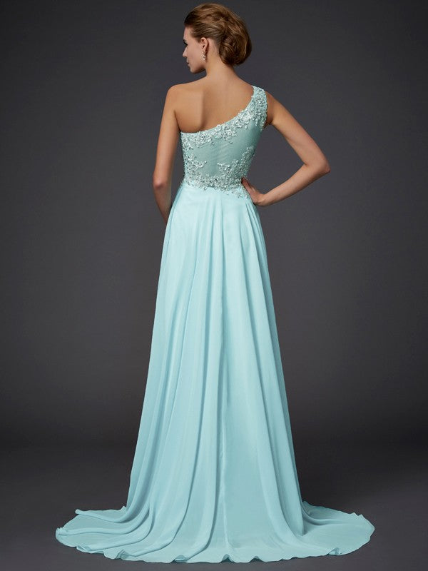 A-Line/Princess One-Shoulder Sleeveless Ruffles Long Chiffon Dresses