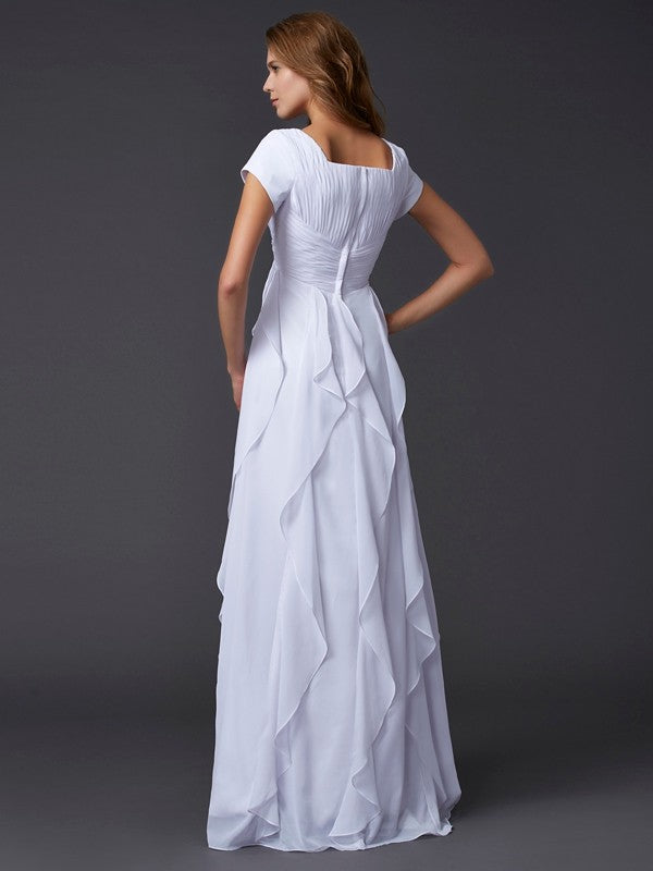 Sheath/Column Square Short Sleeves Ruffles Long Chiffon Dresses