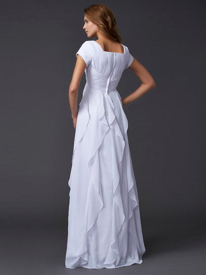 Sheath/Column Square Short Sleeves Ruffles Long Chiffon Dresses