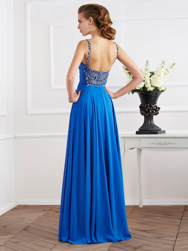 A-Line/Princess Spaghetti Straps Sleeveless Beading Applique Long Chiffon Dresses