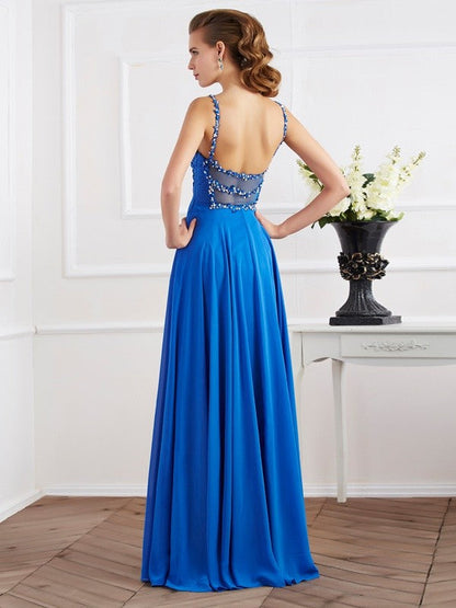A-Line/Princess Spaghetti Straps Sleeveless Beading Applique Long Chiffon Dresses