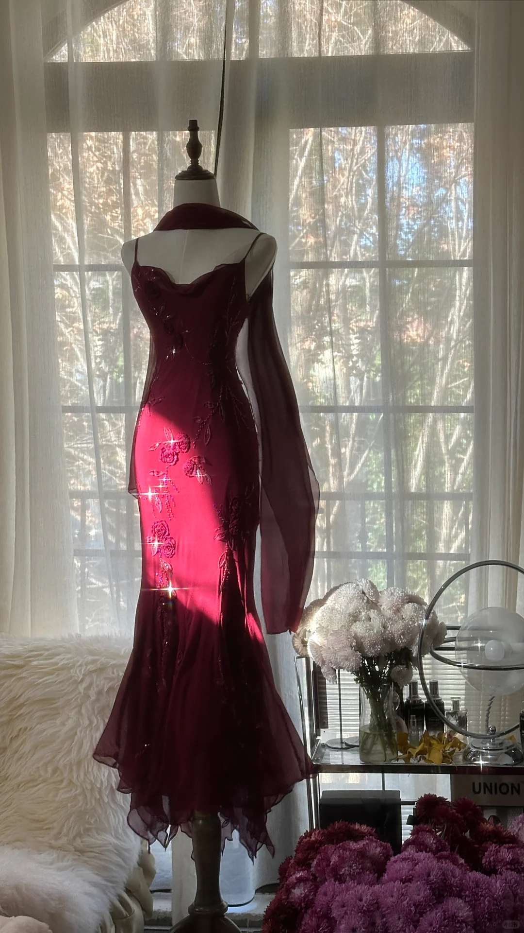 Elegant Burgundy Spaghetti Strap Gorgeous Beaded Sparkling Chiffon Evening Dress Prom Dres TP3973