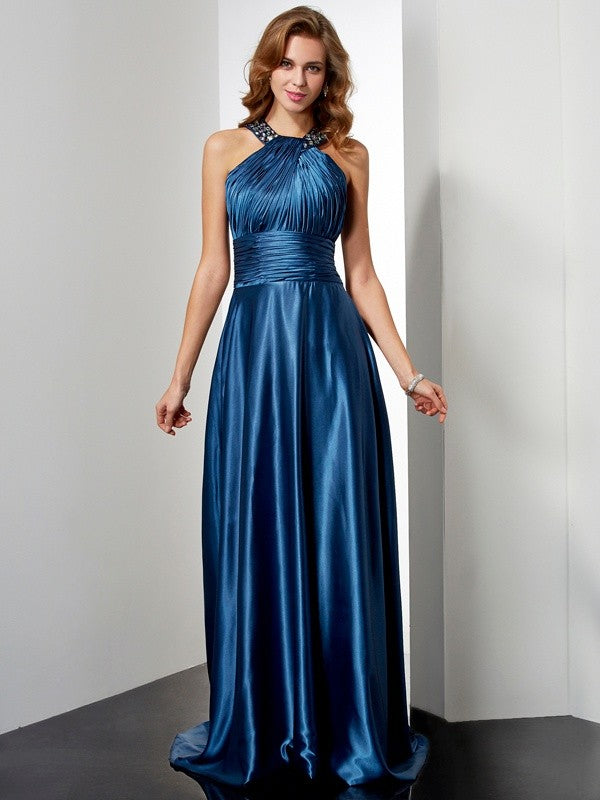 A-Line/Princess Halter Sleeveless Ruffles Long Woven Satin Dresses