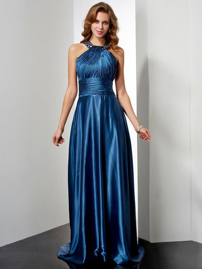 A-Line/Princess Halter Sleeveless Ruffles Long Woven Satin Dresses