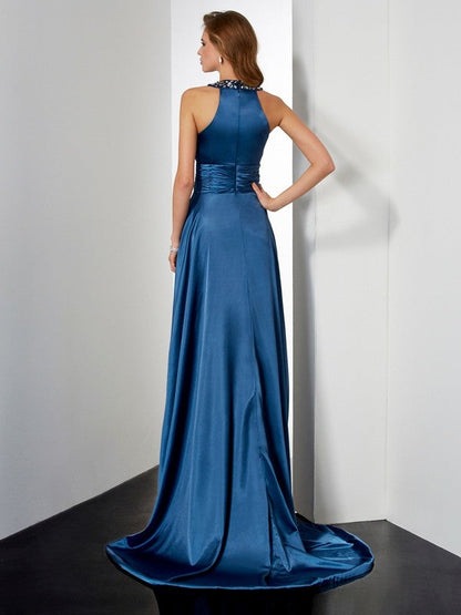 A-Line/Princess Halter Sleeveless Ruffles Long Woven Satin Dresses