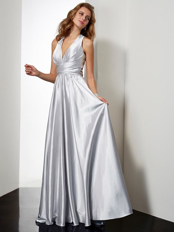 Sheath/Column Halter Sleeveless Pleats Long Woven Satin Dresses