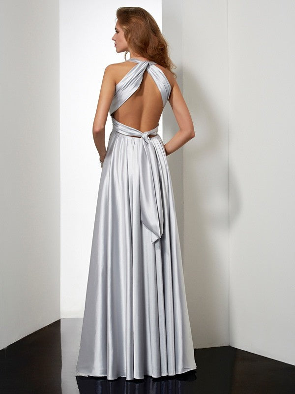 Sheath/Column Halter Sleeveless Pleats Long Woven Satin Dresses
