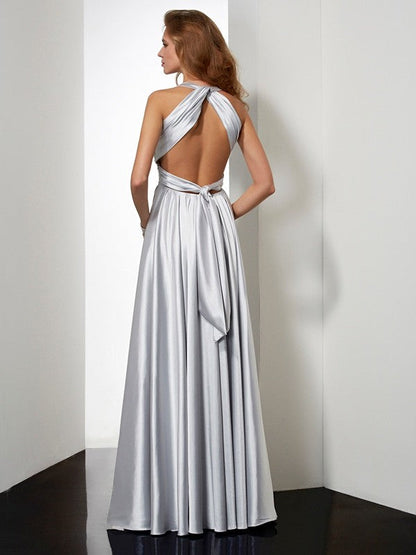 Sheath/Column Halter Sleeveless Pleats Long Woven Satin Dresses