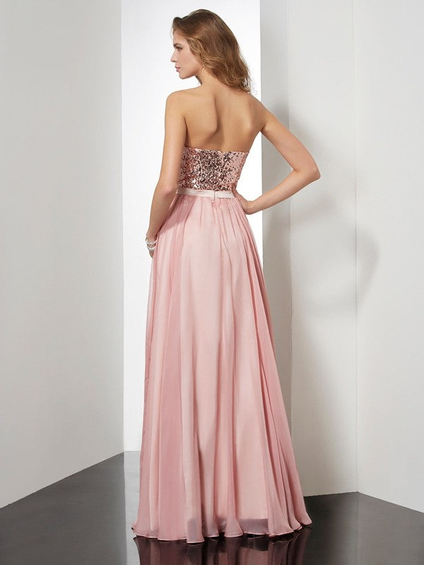 A-Line/Princess Strapless Sleeveless Paillette Long Chiffon Dresses