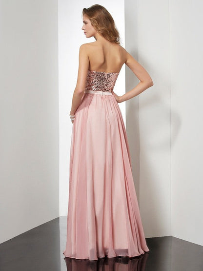 A-Line/Princess Strapless Sleeveless Paillette Long Chiffon Dresses