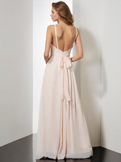 Sheath/Column Spaghetti Straps Sleeveless Ruffles Long Chiffon Dresses