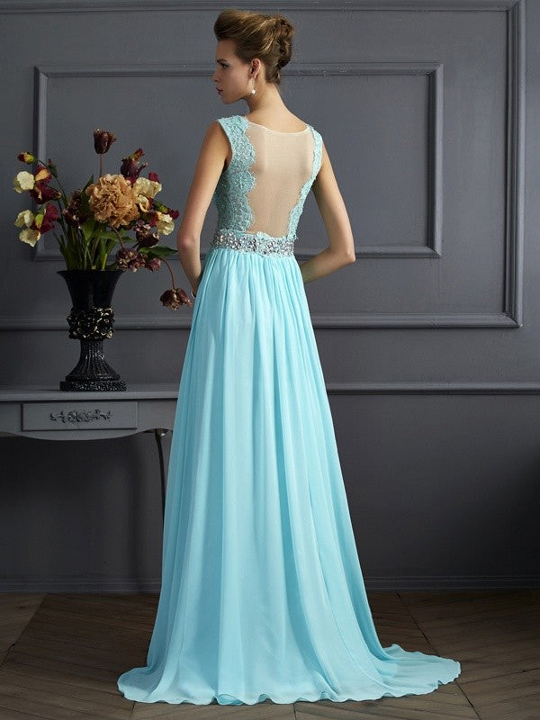 A-Line/Princess Straps Sleeveless Beading Lace Long Chiffon Dresses