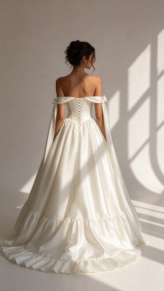 Elegant Ivory Off-the-Shoulder Satin Corset Bow Ribbon A-Line Wedding Dress TP5905