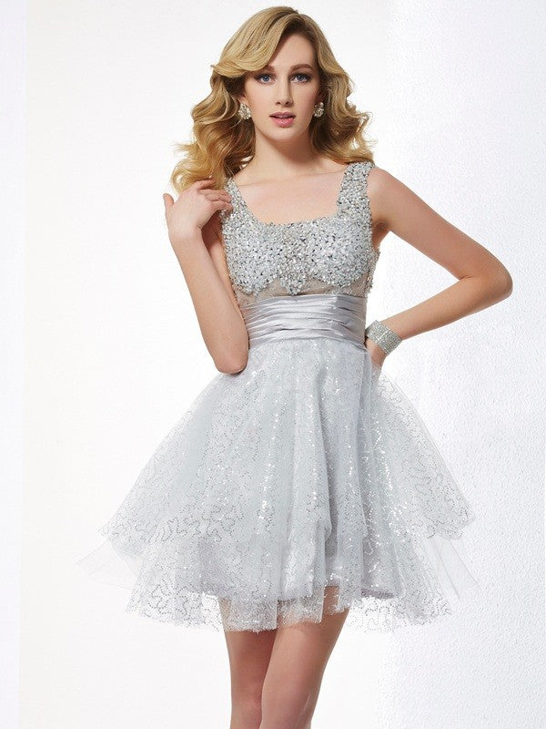 A-Line/Princess Straps Sleeveless Beading Short Woven Satin Homecoming Dresses