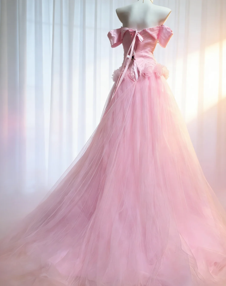 Elegant Off The Shoulder Pink Satin Tulle Long Birthday Party Dress Prom Dress SP1572