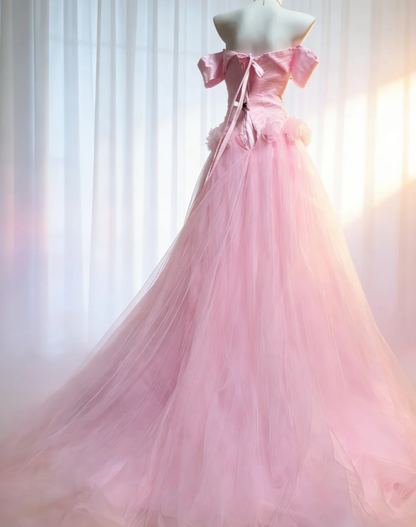 Elegant Off The Shoulder Pink Satin Tulle Long Birthday Party Dress Prom Dress SP1572
