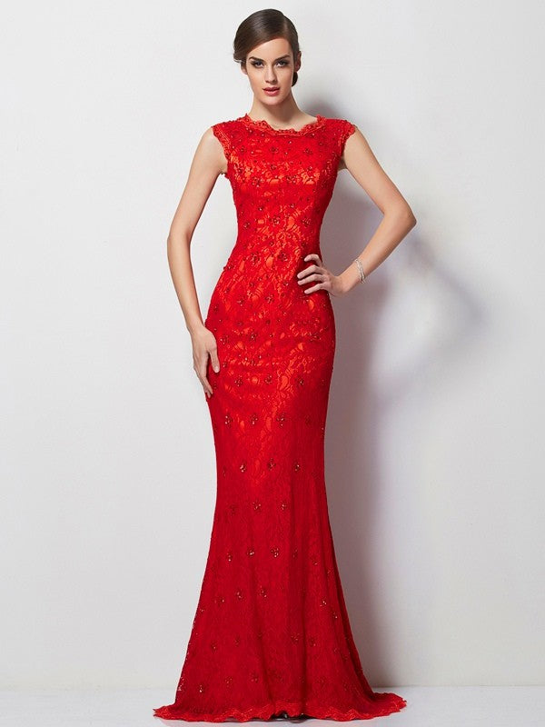 A-Line/Princess Scoop Short Sleeves Applique Long Lace Dresses