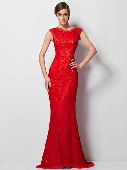 A-Line/Princess Scoop Short Sleeves Applique Long Lace Dresses