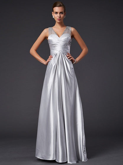 A-Line/Princess V-neck Sleeveless Beading Long Woven Satin Dresses