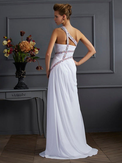 Sheath/Column One-Shoulder Sleeveless Beading Long Chiffon Dresses
