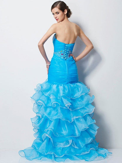 Trumpet/Mermaid Sweetheart Sleeveless Beading High Low Tulle Dresses
