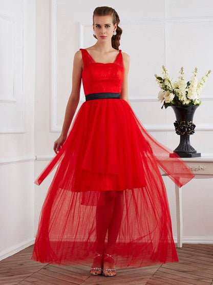 A-Line/Princess Straps Sleeveless Pleats Long Woven Satin Dresses
