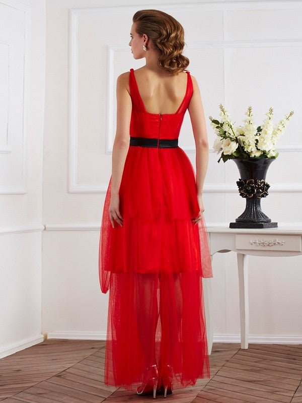 A-Line/Princess Straps Sleeveless Pleats Long Woven Satin Dresses