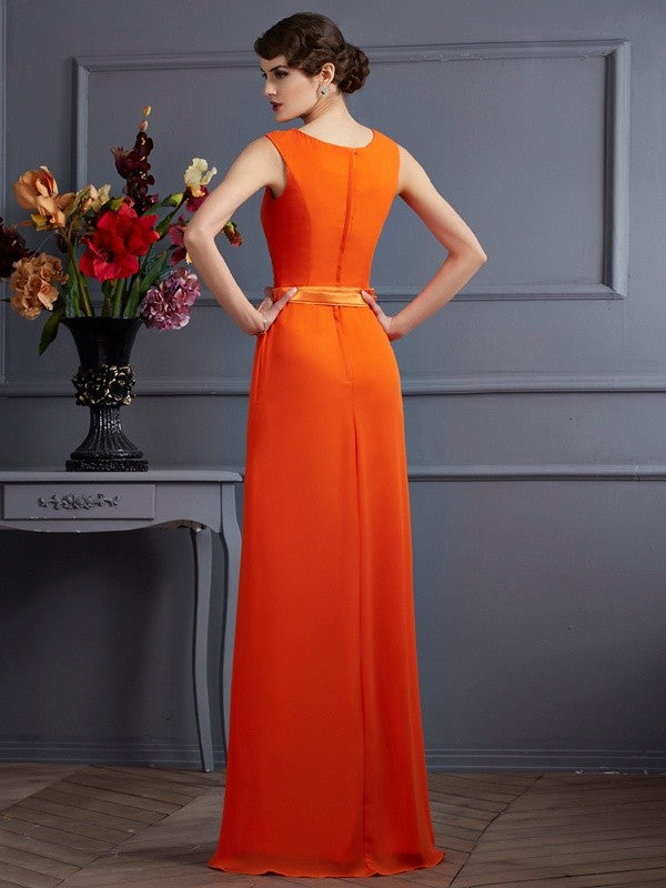 Sheath/Column High Neck Sleeveless Sash/Ribbon/Belt Long Chiffon Dresses