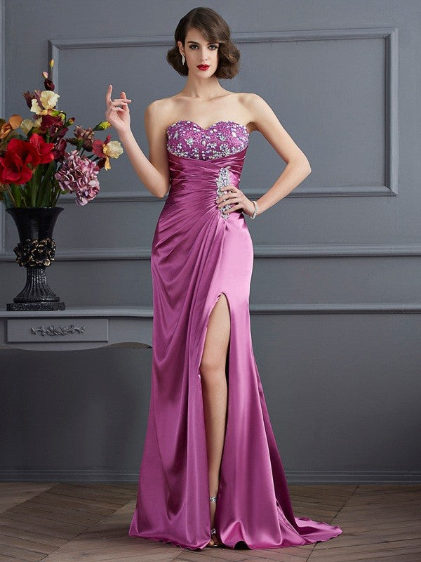 Sheath/Column Sweetheart Sleeveless Beading Long Woven Satin Dresses